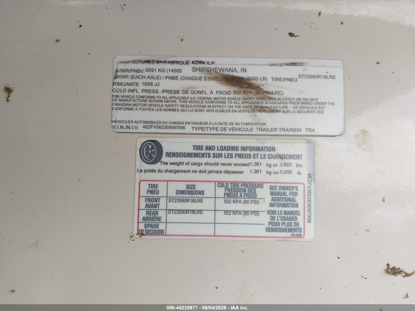 2014 Kz-rv Durango 345se VIN 4EZFV3622E6097906 IAAI salvage auction — REAR END, Original (Texas), sold $4,400 on 2026-09-22 (photo 9)