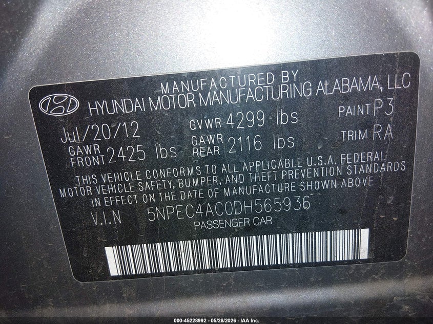 2013 Hyundai Sonata VIN 5NPEC4AC0DH565936 IAAI salvage auction — FRONT END, Salvage (Arizona), sold $1,100 on 2026-07-14 (photo 9)