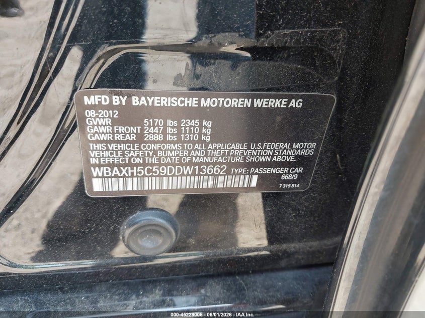 2013 BMW 5er VIN WBAXH5C59DDW13662 IAAI salvage auction — NORMAL WEAR, Clear (Virginia), sold $850 on 2026-07-08 (photo 9)