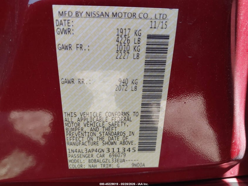 2016 Nissan Altima VIN 1N4AL3AP4GN311345 IAAI salvage auction — REAR END, Salvage Title, sold $1,575 on 2026-07-25 (photo 9)
