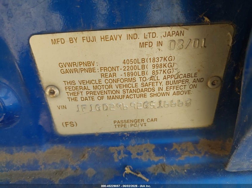 2002 Subaru Impreza VIN JF1GD29692G516668 IAAI salvage auction — NORMAL WEAR, Clear-Dealer Only (Arizona), sold $325 on 2026-07-14 (photo 9)