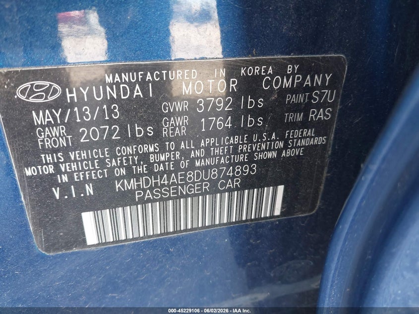 2013 Hyundai Elantra VIN KMHDH4AE8DU874893 IAAI salvage auction — REAR END, Salvage (Illinois), sold $750 on 2026-07-22 (photo 9)