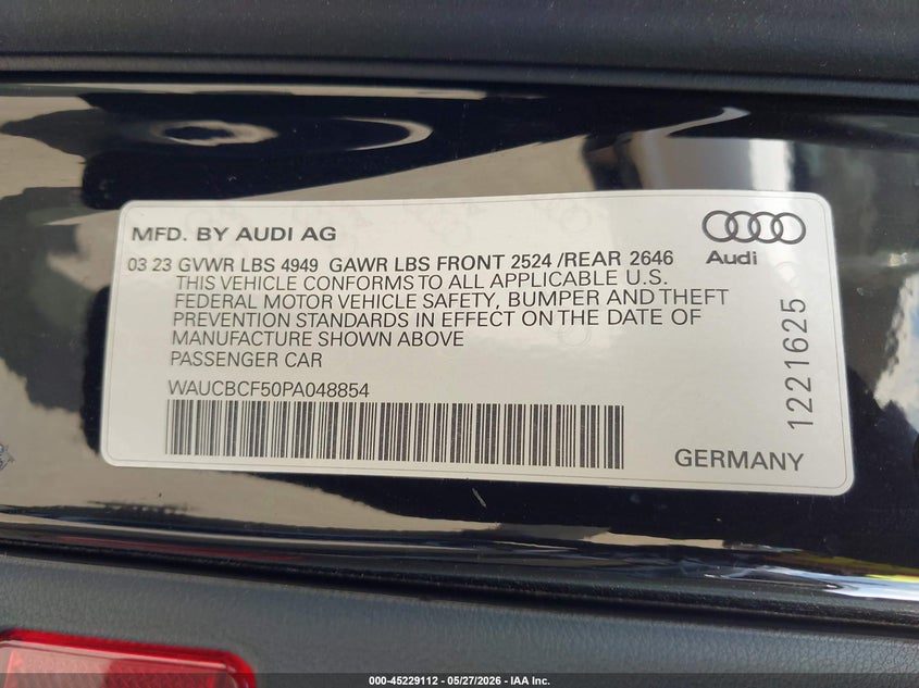 2023 Audi VIN WAUCBCF50PA048854 IAAI salvage auction — FRONT END, Salvage (California), sold $13,050 on 2026-07-29 (photo 9)