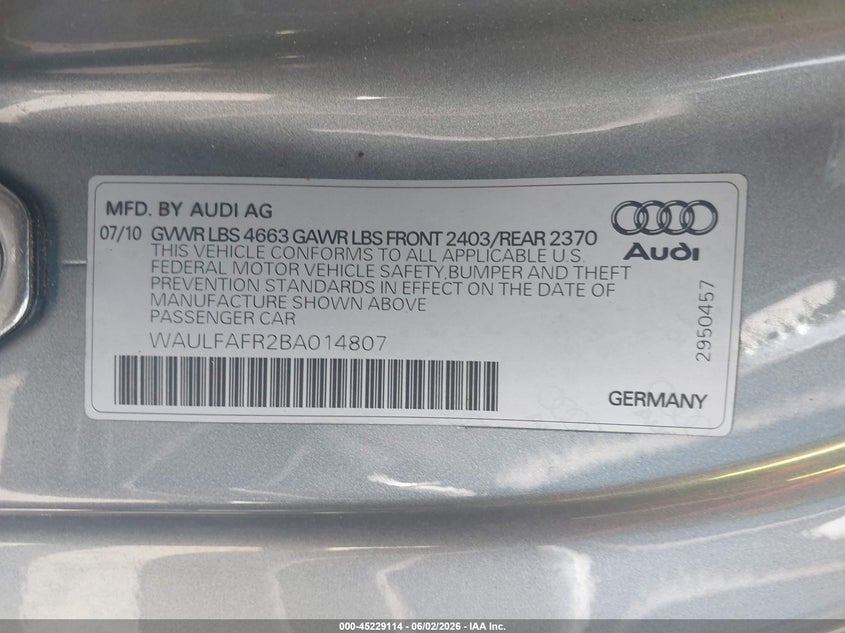 2011 Audi A5 VIN WAULFAFR2BA014807 IAAI salvage auction — FRONT END, Salvage (California), sold $775 on 2026-07-08 (photo 9)
