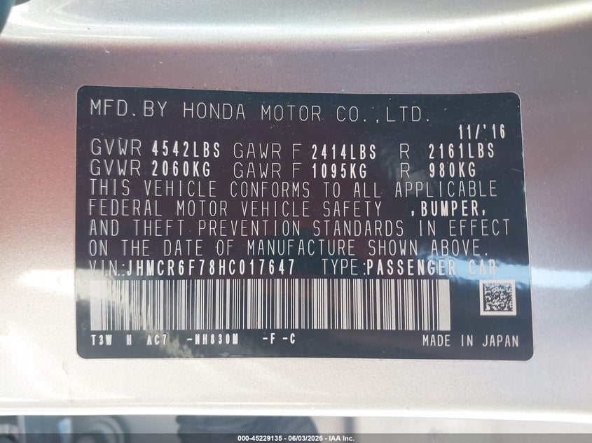 2017 Honda Accord VIN JHMCR6F78HC017647 IAAI salvage auction — RIGHT SIDE, Salvage Title, sold $1,400 on 2026-07-08 (photo 9)