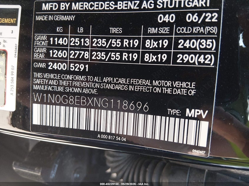 2022 Mercedes-benz Glc VIN W1N0G8EBXNG118696 IAAI salvage auction — HAIL, Salvage Title, sold $17,950 on 2026-07-07 (photo 9)