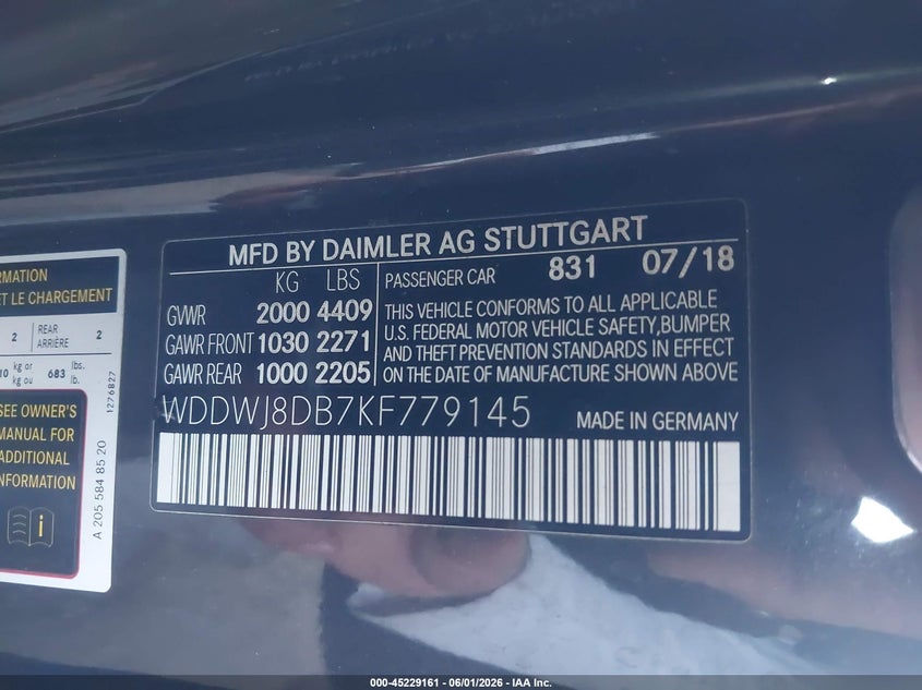 2019 Mercedes-benz C-klasse VIN WDDWJ8DB7KF779145 IAAI salvage auction — LEFT SIDE, Salvage Title, sold $6,300 on 2026-07-14 (photo 8)