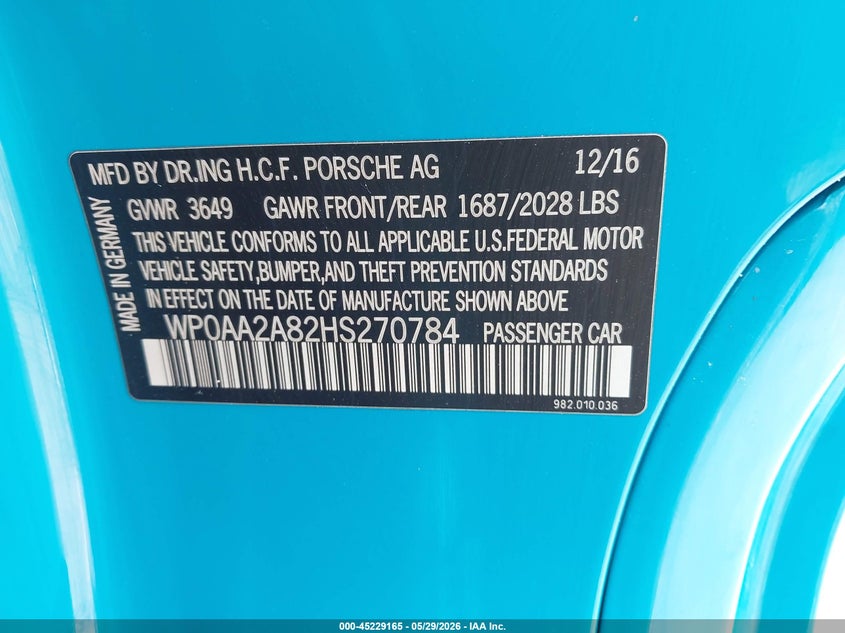 2017 Porsche 718 cayman VIN WP0AA2A82HS270784 IAAI salvage auction — REAR END, Salvage (Illinois), sold $13,250 on 2026-08-11 (photo 9)