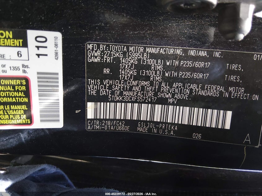 2015 Toyota Sienna VIN 5TDKK3DCXFS572417 IAAI salvage auction — REAR END, Salvage (Utah), sold $1,250 on 2026-07-30 (photo 9)