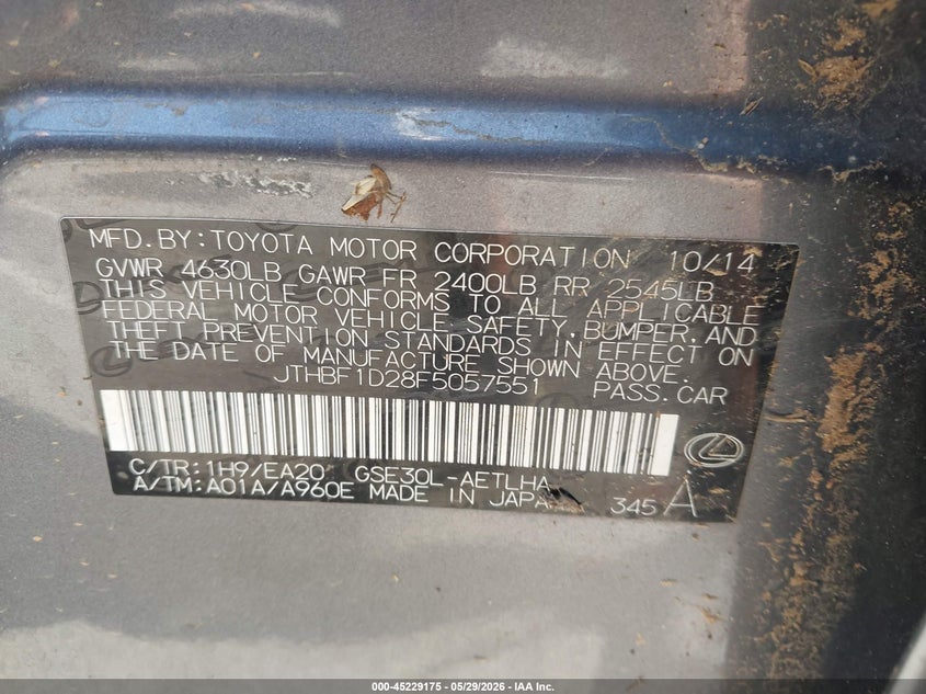 2015 Lexus Is VIN JTHBF1D28F5057551 IAAI salvage auction — BIOHAZARD/CHEMICAL, Salvage Title, sold $500 on 2026-07-09 (photo 9)