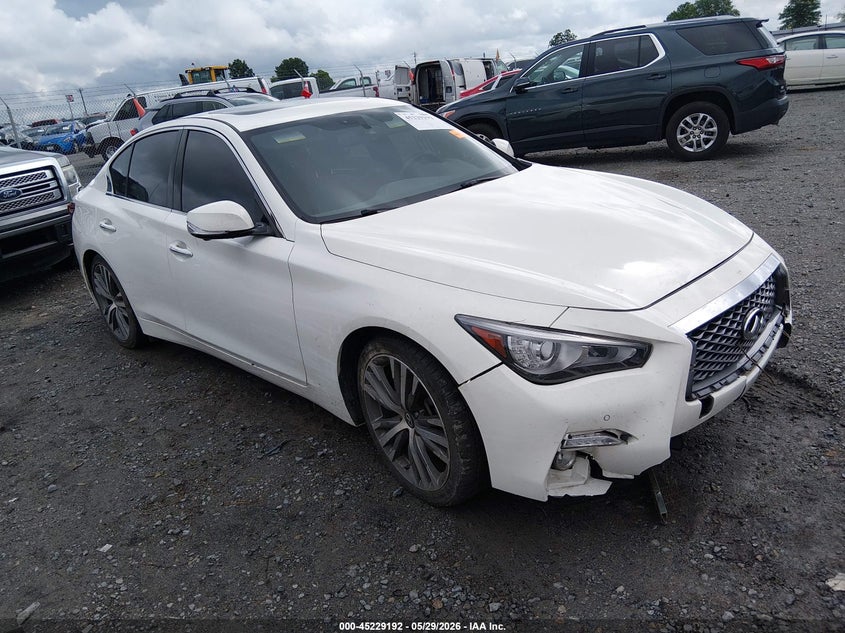 2021 Infiniti Q50 VIN JN1EV7CP9MM705647 IAAI salvage auction — FRONT END, Salvage Title, sold $3,800 on 2026-07-29 (photo 1)