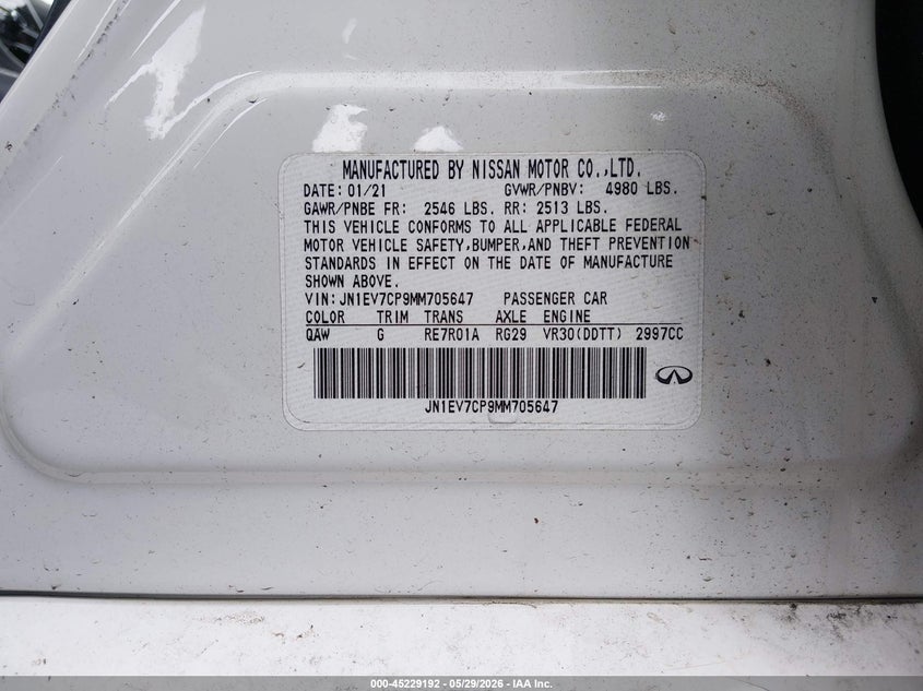 2021 Infiniti Q50 VIN JN1EV7CP9MM705647 IAAI salvage auction — FRONT END, Salvage Title, sold $3,800 on 2026-07-29 (photo 9)