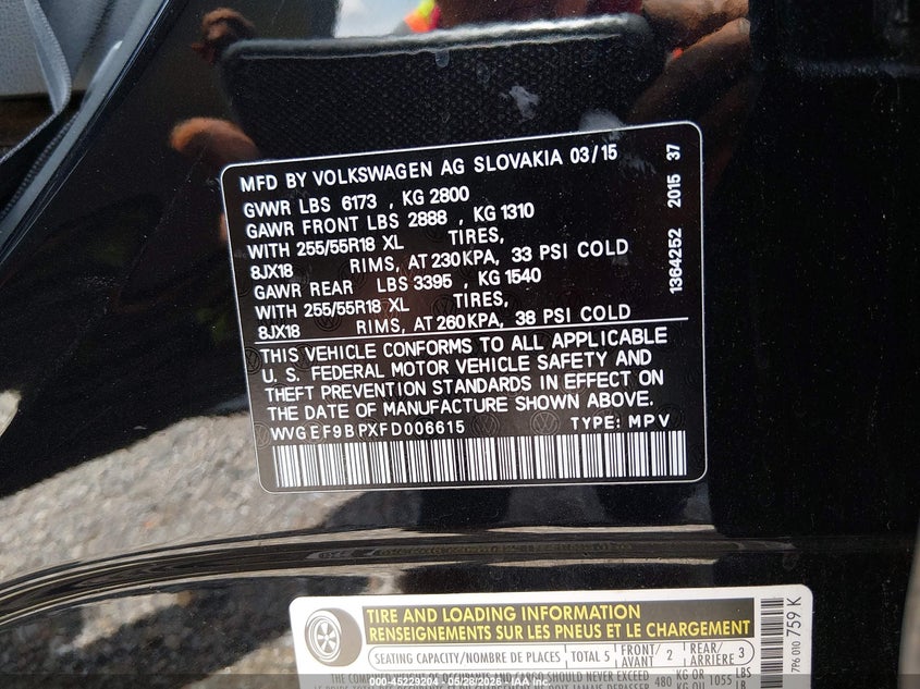 2015 Volkswagen Touareg VIN WVGEF9BPXFD006615 IAAI salvage auction — FRONT END, Salvage Title, sold $100 on 2026-07-20 (photo 9)