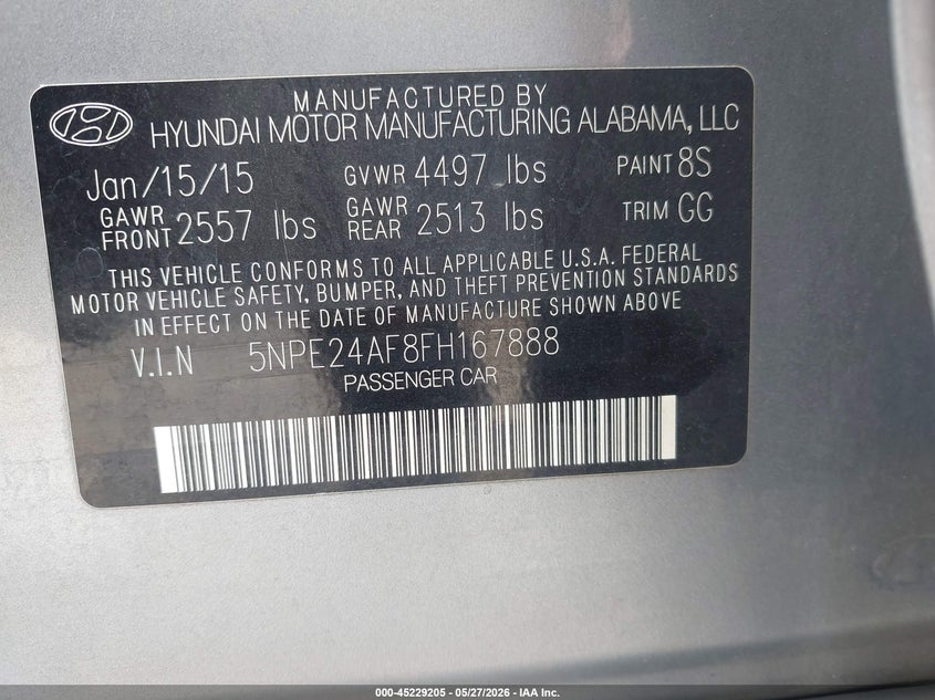 2015 Hyundai Sonata VIN 5NPE24AF8FH167888 IAAI salvage auction — REAR END, Wait Title, sold $1,650 on 2026-08-21 (photo 9)