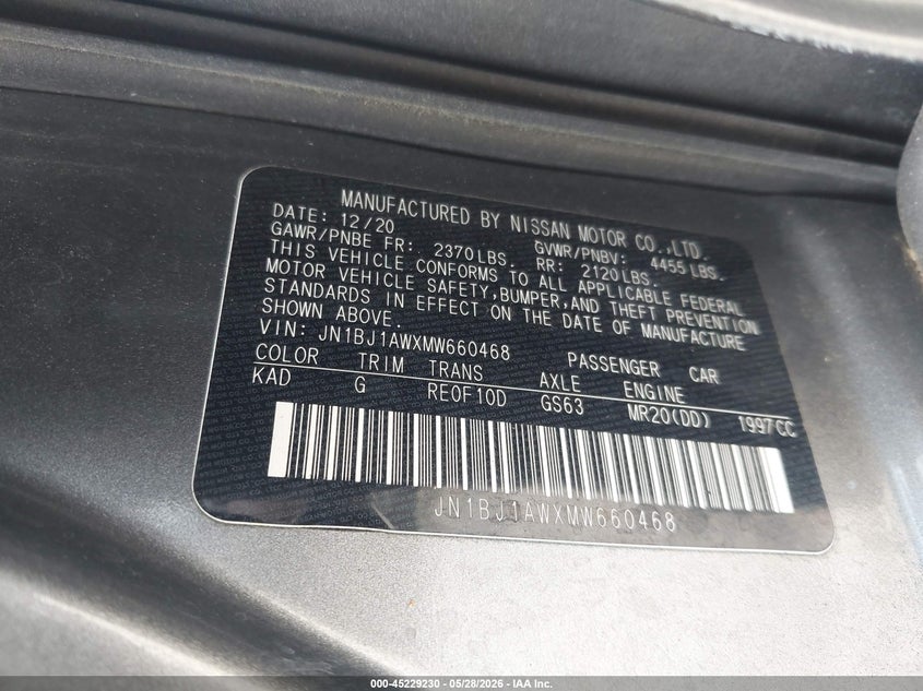 2021 Nissan Rogue VIN JN1BJ1AWXMW660468 IAAI salvage auction — FRONT END, Salvage (Georgia), sold $1,900 on 2026-07-29 (photo 9)