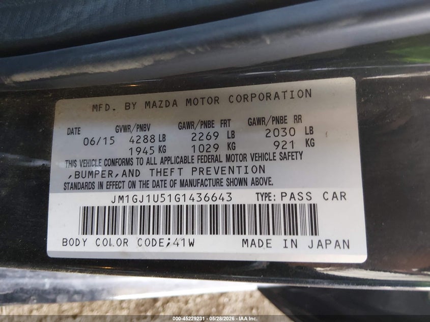 2016 Mazda 6 VIN JM1GJ1U51G1436643 IAAI salvage auction — SIDE, Salvage Title, sold $1,500 on 2026-07-12 (photo 9)