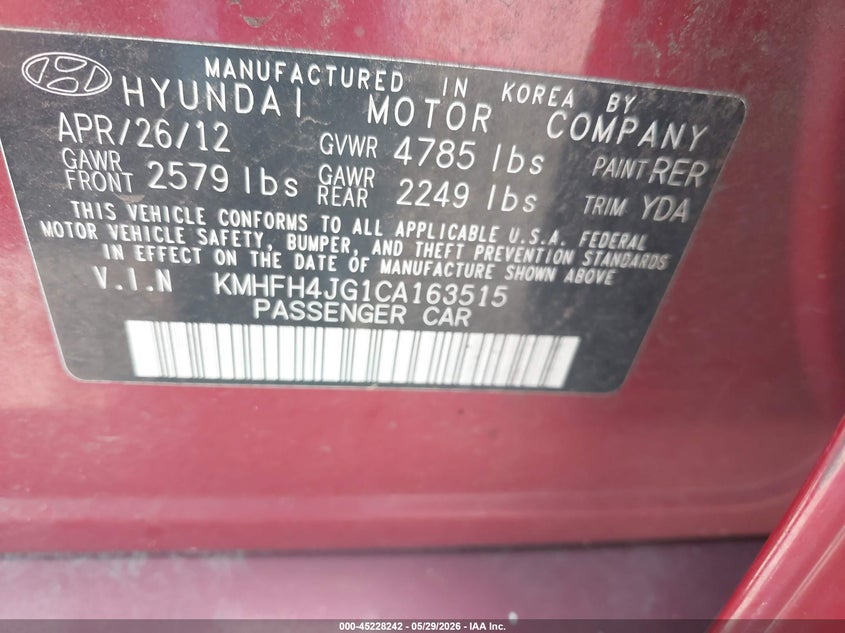 2012 Hyundai Azera VIN KMHFH4JG1CA163515 IAAI salvage auction — REAR END, Clear (Oklahoma), sold $1,000 on 2026-07-22 (photo 9)