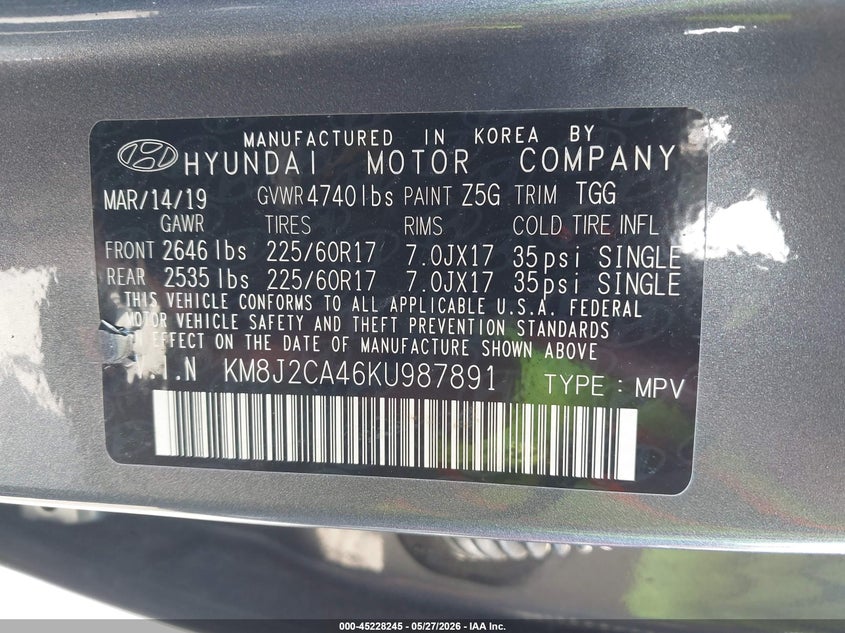 2019 Hyundai Tucson VIN KM8J2CA46KU987891 IAAI salvage auction — THEFT, Salvage (Delaware), sold $4,300 on 2026-07-16 (photo 9)