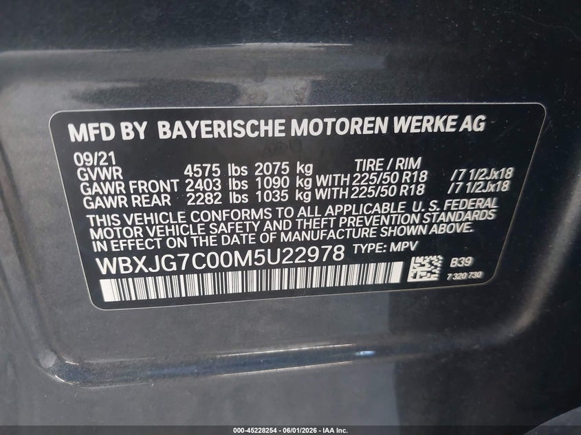 2021 BMW X1 VIN WBXJG7C00M5U22978 IAAI salvage auction — FRONT END, Salvage Title, sold $5,500 on 2026-07-22 (photo 9)