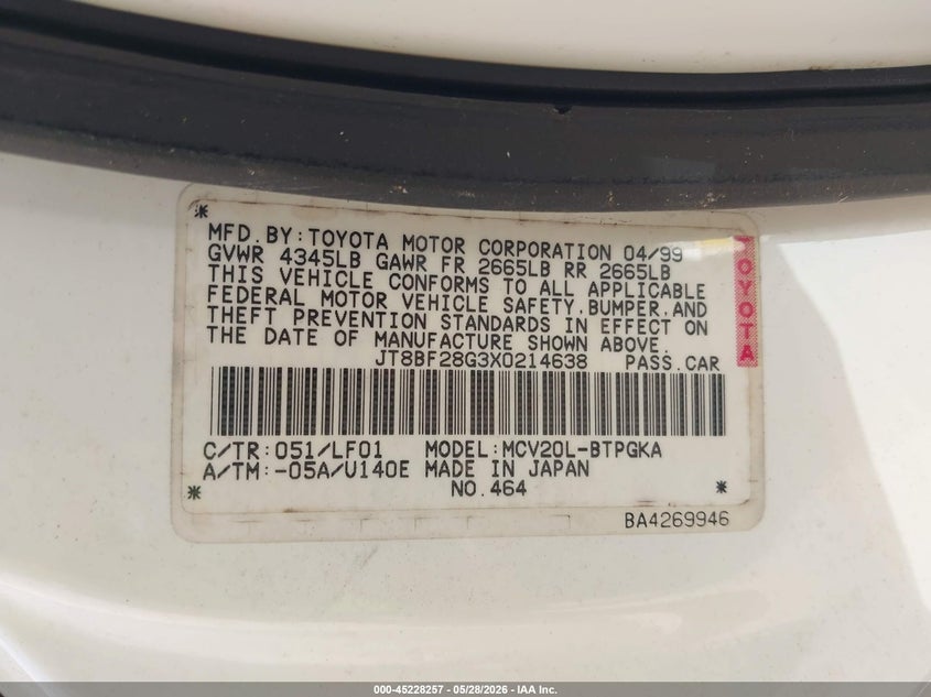 1999 Lexus Es 300 VIN JT8BF28G3X0214638 IAAI salvage auction — NORMAL WEAR, Clear (Hawaii), sold $500 on 2026-07-14 (photo 9)