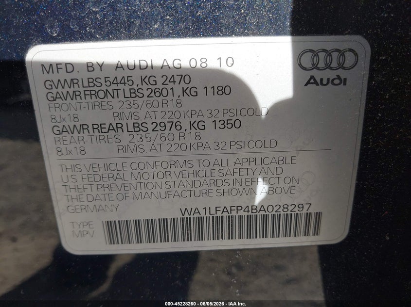 2011 Audi Q5 VIN WA1LFAFP4BA028297 IAAI salvage auction — NORMAL WEAR, Clear (Maryland), sold $875 on 2026-07-08 (photo 9)