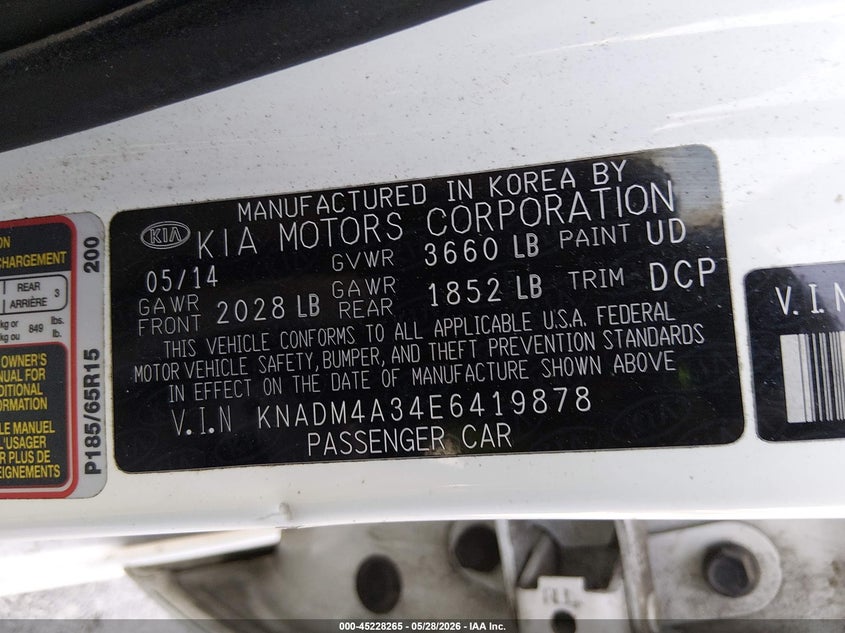 2014 Kia Rio VIN KNADM4A34E6419878 IAAI salvage auction — RIGHT FRONT, Salvage (Illinois), sold $250 on 2026-07-14 (photo 9)