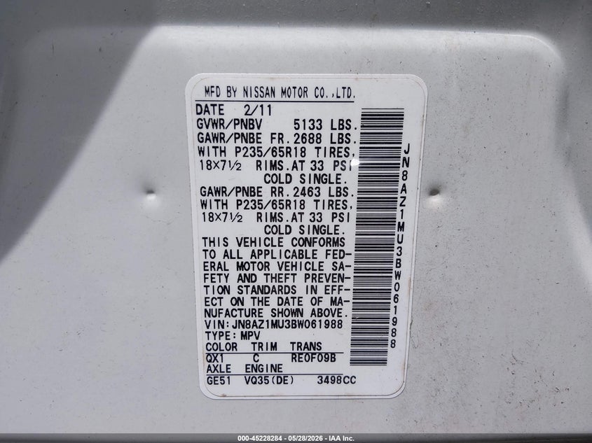 2011 Nissan Murano VIN JN8AZ1MU3BW061988 IAAI salvage auction — HAIL, Salvage (Illinois), sold $500 on 2026-07-20 (photo 9)