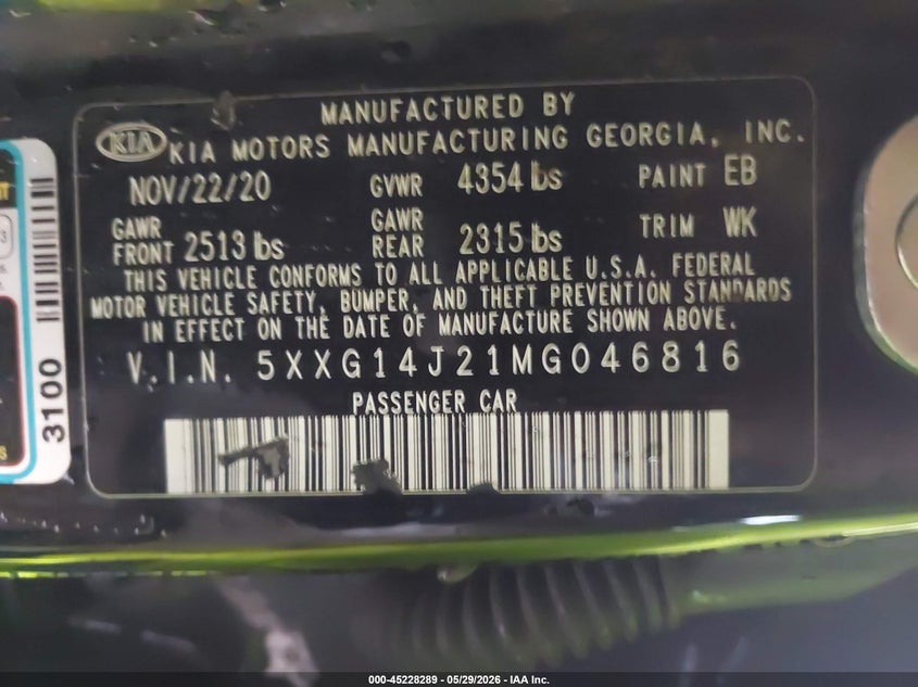 2021 Kia K5 VIN 5XXG14J21MG046816 IAAI salvage auction — FRONT END, Clear (Missouri), sold $2,775 on 2026-07-06 (photo 9)