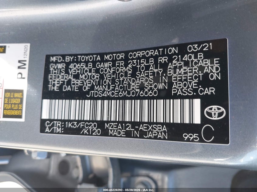 2021 Toyota Corolla VIN JTDS4MCE6MJ076060 IAAI salvage auction — LEFT FRONT, Salvage (Virginia), sold $5,400 on 2026-07-07 (photo 9)