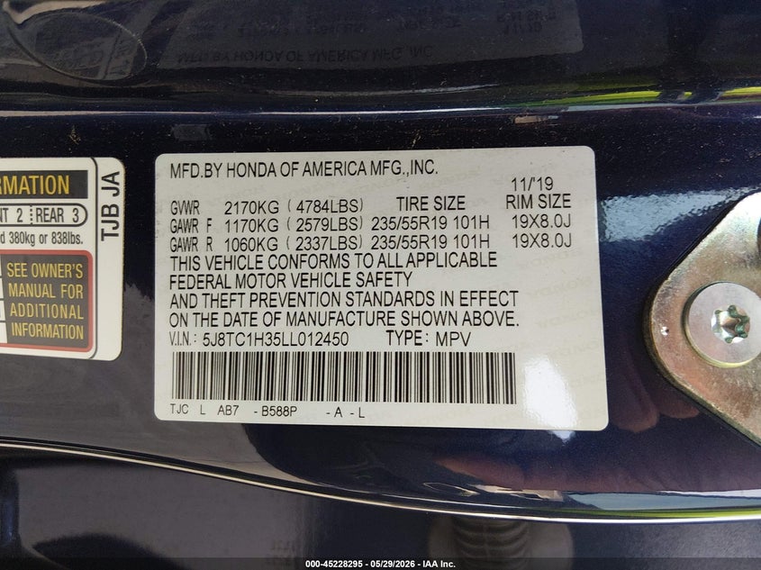 2020 Acura Rdx VIN 5J8TC1H35LL012450 IAAI salvage auction — ELECTRICAL, Salvage Title, sold $3,550 on 2026-07-24 (photo 9)