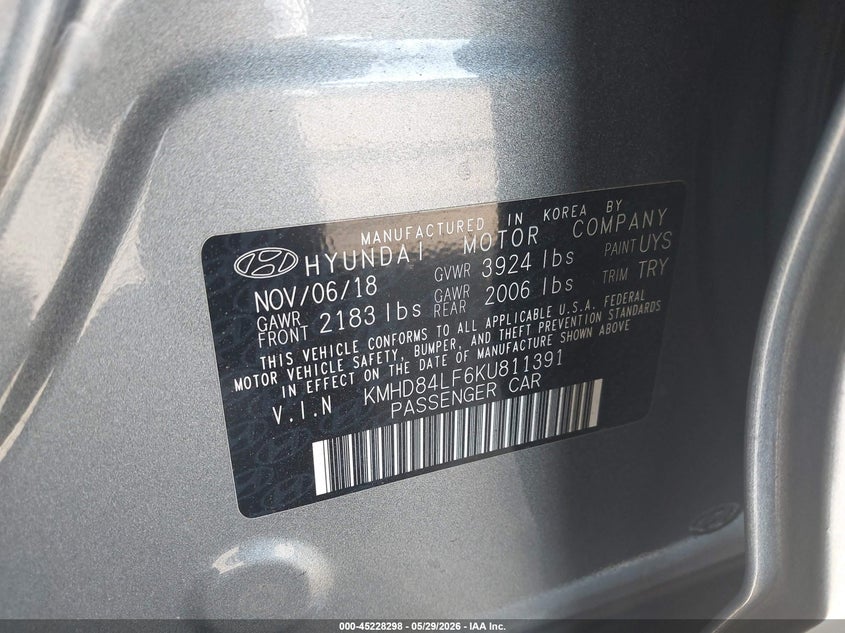 2019 Hyundai Elantra VIN KMHD84LF6KU811391 IAAI salvage auction — REAR END, Salvage Title, sold $3,300 on 2026-07-30 (photo 9)