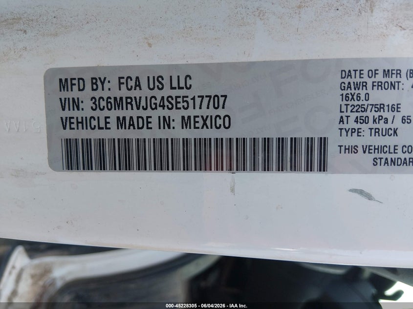 2025 Ram Promaster 3500 VIN 3C6MRVJG4SE517707 IAAI salvage auction — FRONT END, Clear (New York), sold $14,450 on 2026-07-23 (photo 9)