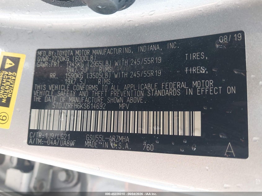 2019 Toyota Highlander VIN 5TDJZRFH6KS614692 IAAI salvage auction — LEFT REAR, Salvage Title, sold $10,900 on 2026-07-21 (photo 9)
