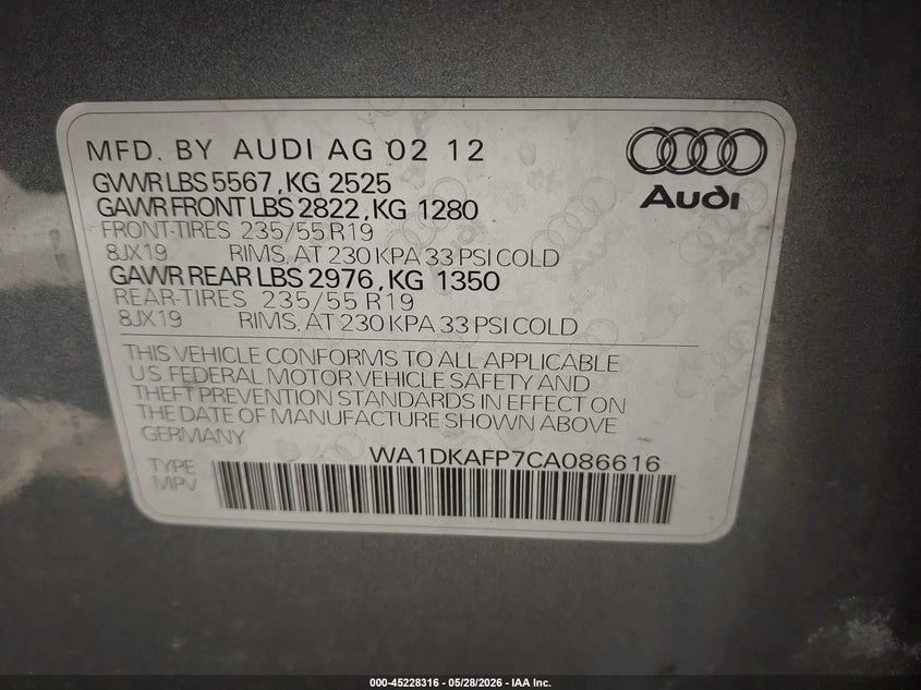2012 Audi Q5 VIN WA1DKAFP7CA086616 IAAI salvage auction — FRONT END, Salvage (Ohio), sold $550 on 2026-07-27 (photo 9)