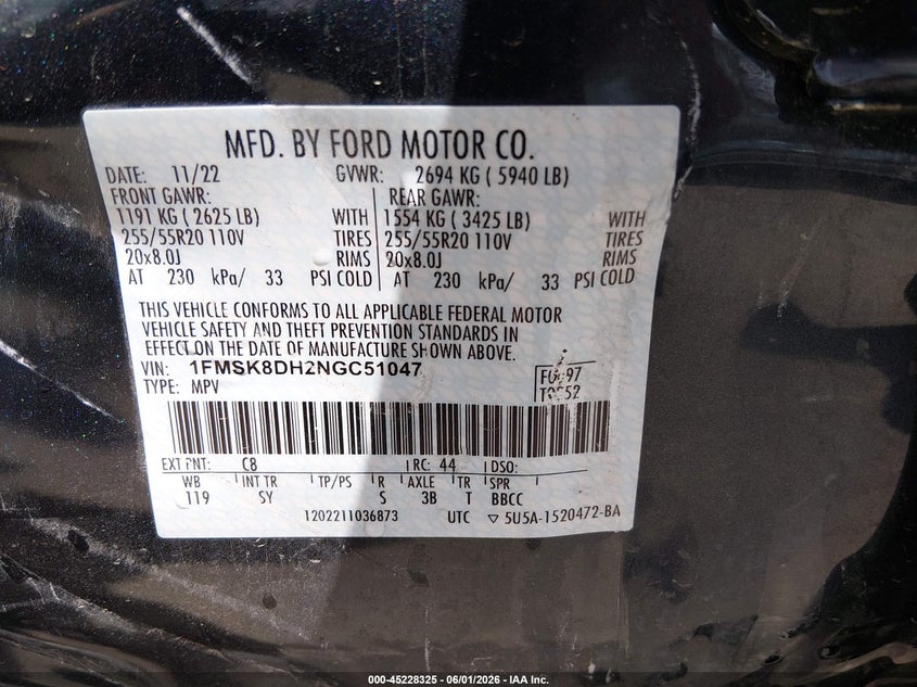 2022 Ford Explorer VIN 1FMSK8DH2NGC51047 IAAI salvage auction — LEFT SIDE, Salvage Title, sold $9,250 on 2026-07-23 (photo 9)