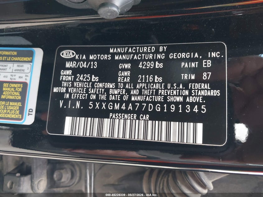 2013 Kia Optima VIN 5XXGM4A77DG191345 IAAI salvage auction — LEFT FRONT, Salvage Title, sold $1,050 on 2026-09-24 (photo 9)