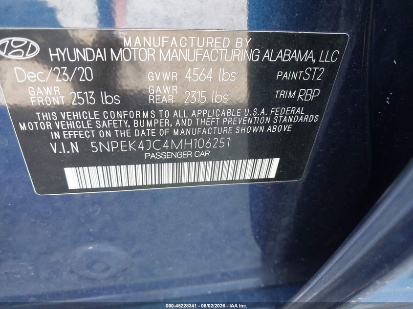 2021 Hyundai Sonata VIN 5NPEK4JC4MH106251 IAAI salvage auction — HAIL, Salvage Title, sold $5,600 on 2026-07-27 (photo 9)