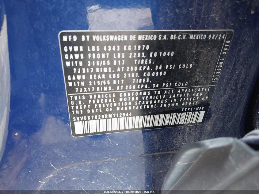 2024 Volkswagen Taos VIN 3VV5X7B20RM112544 IAAI salvage auction — FRONT END, Salvage Title, sold $2,700 on 2026-07-22 (photo 9)