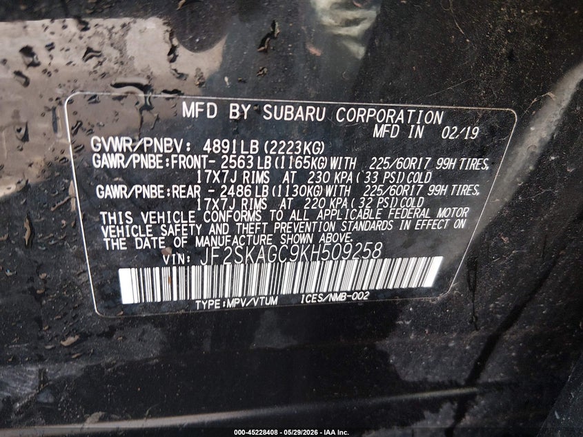 2019 Subaru Forester VIN JF2SKAGC9KH509258 IAAI salvage auction — ROLLOVER, Salvage (West Virginia), sold $325 on 2026-07-23 (photo 9)