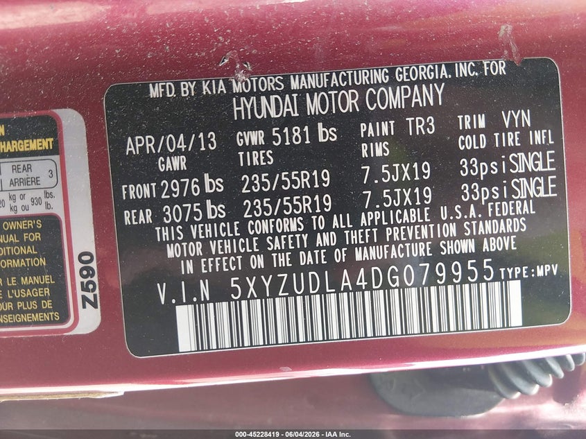 2013 Hyundai Santa fe VIN 5XYZUDLA4DG079955 IAAI salvage auction — FRONT END, Salvage Title, sold $1,700 on 2026-07-26 (photo 9)