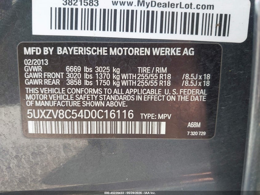 2013 BMW X5 VIN 5UXZV8C54D0C16116 IAAI salvage auction — RIGHT SIDE, Clear (Washington), sold $725 on 2026-07-08 (photo 9)