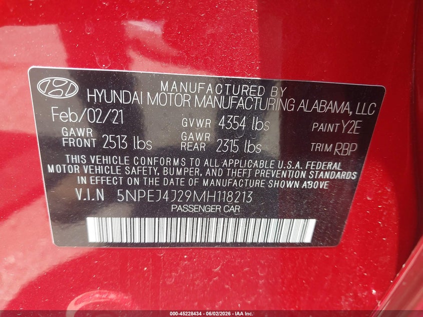 2021 Hyundai Sonata VIN 5NPEJ4J29MH118213 IAAI salvage auction — HAIL, Original (Texas), sold $9,050 on 2026-07-29 (photo 9)
