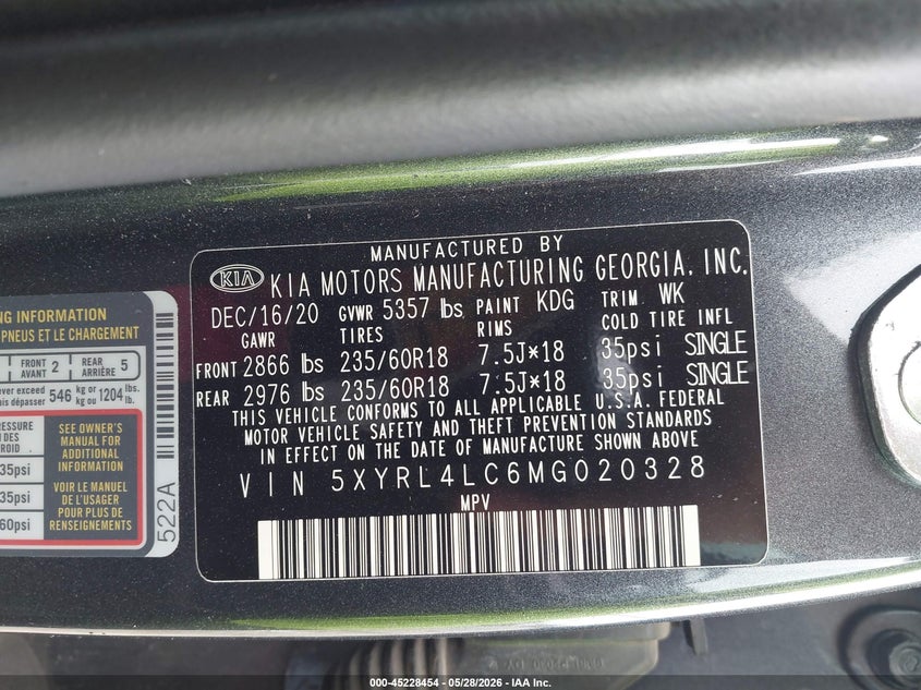 2021 Kia Sorento VIN 5XYRL4LC6MG020328 IAAI salvage auction — SIDE, Original (Texas), sold $7,500 on 2026-08-02 (photo 9)