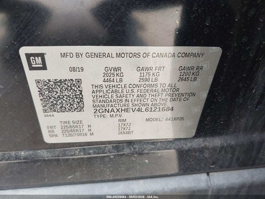 2020 Chevrolet Equinox VIN 2GNAXHEV4L6121684 IAAI salvage auction — HAIL, Original (Texas), sold $3,500 on 2026-07-28 (photo 9)