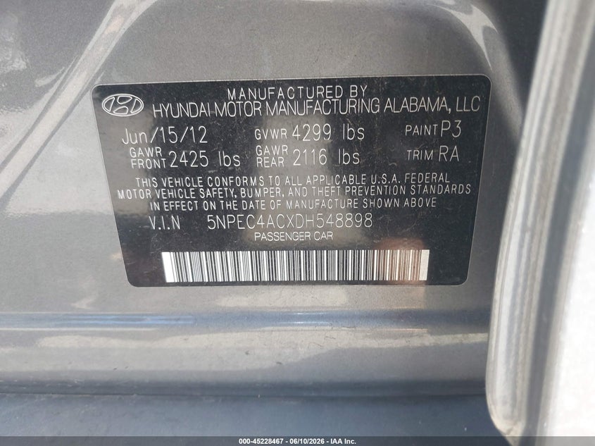 2013 Hyundai Sonata VIN 5NPEC4ACXDH548898 IAAI salvage auction — RIGHT SIDE, Salvage Title, sold $1,500 on 2026-07-23 (photo 9)