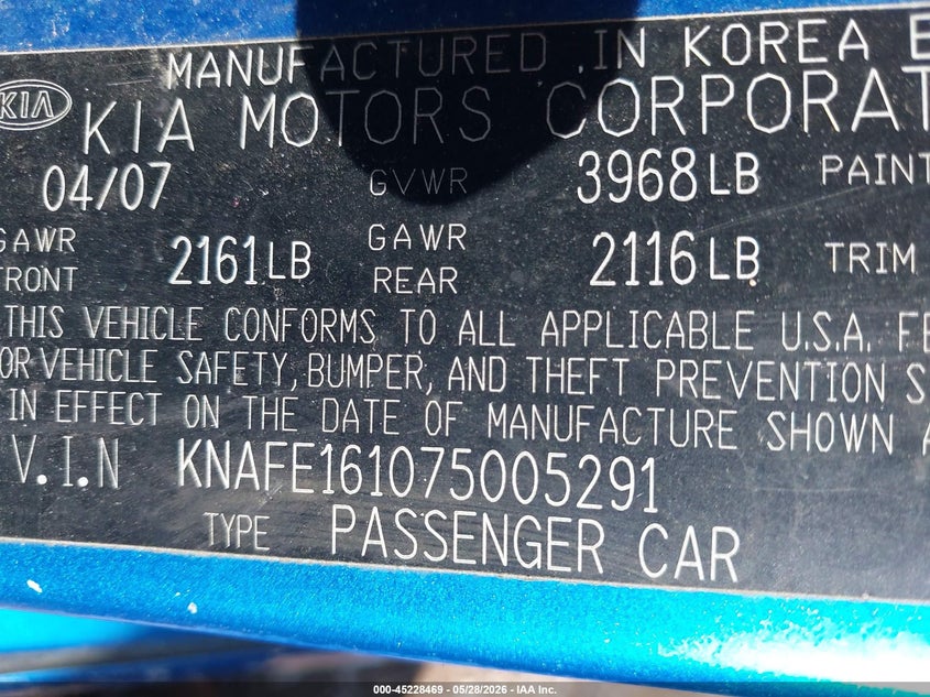 2007 Kia Spectra VIN KNAFE161075005291 IAAI salvage auction — FRONT END, Clear (Indiana), sold $800 on 2026-07-15 (photo 9)