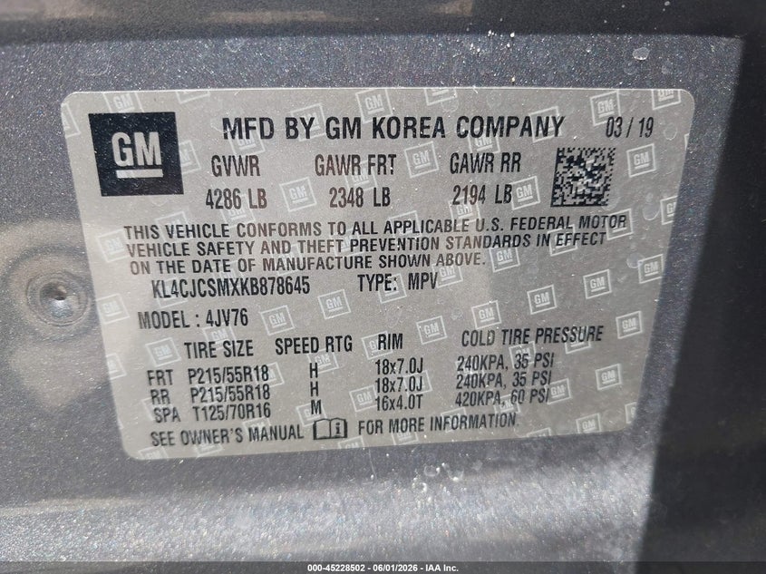 2019 Buick Encore VIN KL4CJCSMXKB878645 IAAI salvage auction — UNKNOWN, Salvage Title, sold $875 on 2026-07-17 (photo 9)