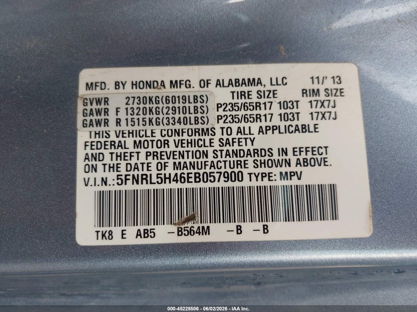 2014 Honda Odyssey VIN 5FNRL5H46EB057900 IAAI salvage auction — HAIL, Salvage (Kansas), sold $1,525 on 2026-07-05 (photo 9)