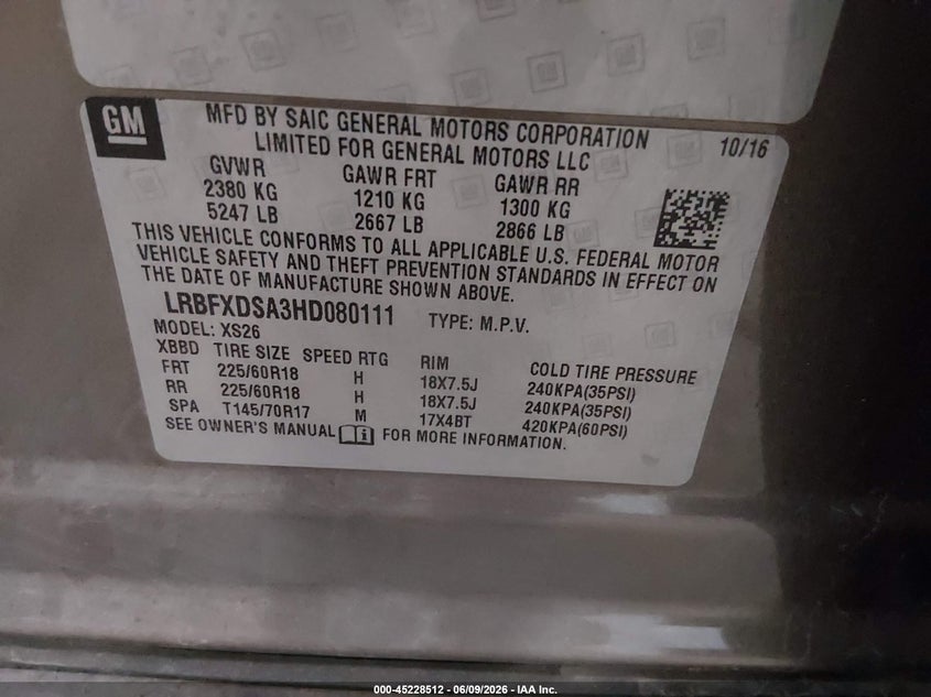 2017 Buick Envision VIN LRBFXDSA3HD080111 IAAI salvage auction — RIGHT FRONT, Salvage (Minnesota), sold $3,350 on 2026-07-14 (photo 9)
