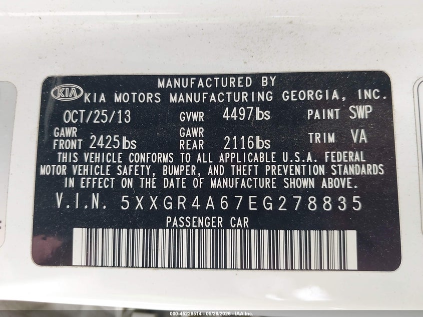 2014 Kia Optima VIN 5XXGR4A67EG278835 IAAI salvage auction — FRONT END, Original (Texas), sold $2,650 on 2026-07-22 (photo 9)